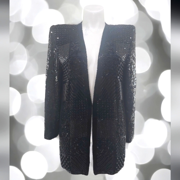 Niteline Vintage 100% Silk Sequin Beaded Black Long Blazer Women's